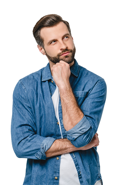 a man looking up and to the right with his chin on his hand in a traditional thinking pose